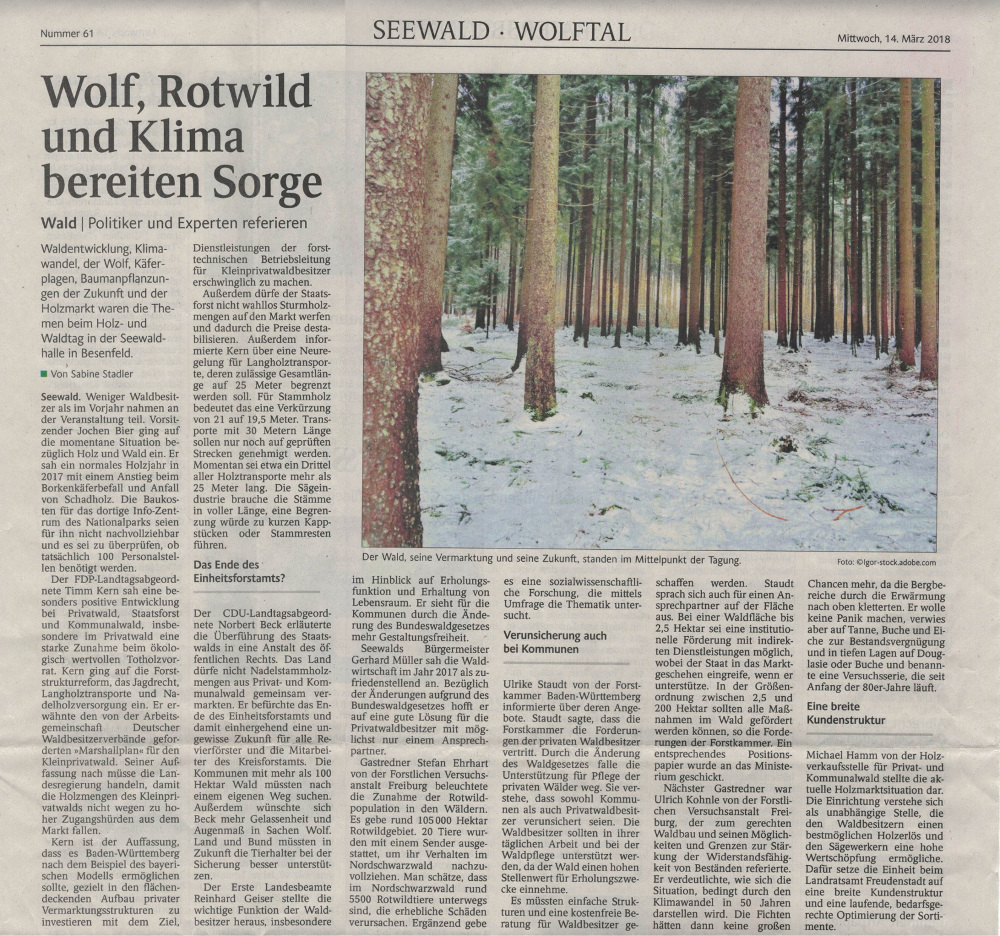 Zeitungsartikel 14. Nordschwarzwälder Holz- und Waldtag 2018